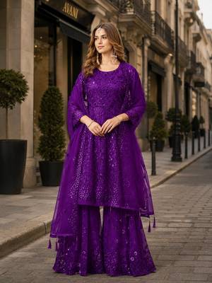 Violet net semi stitched sharara suit with heavy sequince work 1