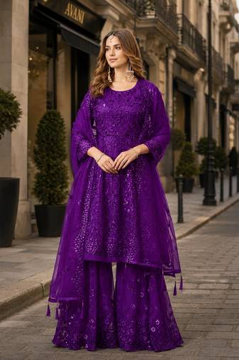 Violet net semi stitched sharara suit with heavy sequince work
