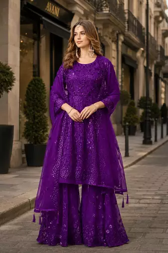 Violet net semi stitched sharara suit with heavy sequince work