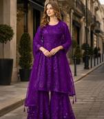 Violet net semi stitched sharara suit with heavy sequince work