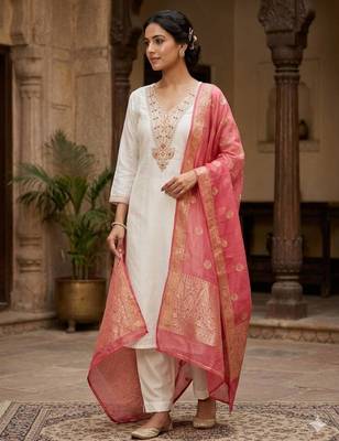 Off-white silk blend embroidered kurta set 2