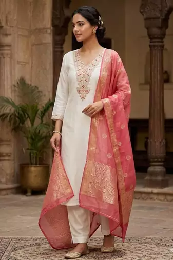 Off-white silk blend embroidered kurta set