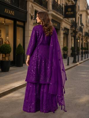 Violet net semi stitched sharara suit with heavy sequince work 2