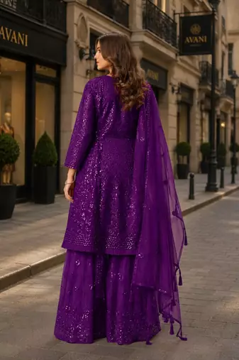 Violet net semi stitched sharara suit with heavy sequince work