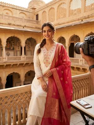 Off-white silk blend embroidered kurta set 3