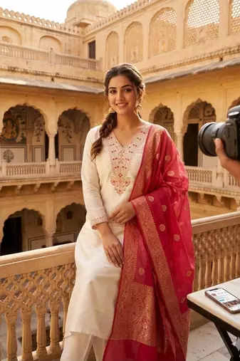Off-white silk blend embroidered kurta set