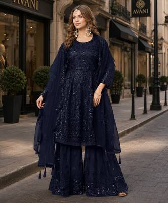 Navy net semi stitched sharara suit with heavy sequince work 1