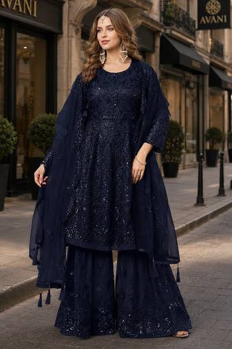 Navy net semi stitched sharara suit with heavy sequince work