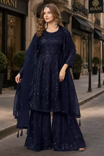 Navy net semi stitched sharara suit with heavy sequince work