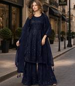 Navy net semi stitched sharara suit with heavy sequince work