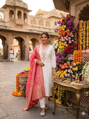 Off-white silk blend embroidered kurta set 4