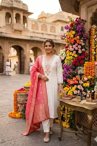 Off-white silk blend embroidered kurta set
