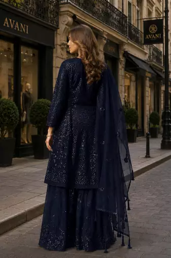 Navy net semi stitched sharara suit with heavy sequince work
