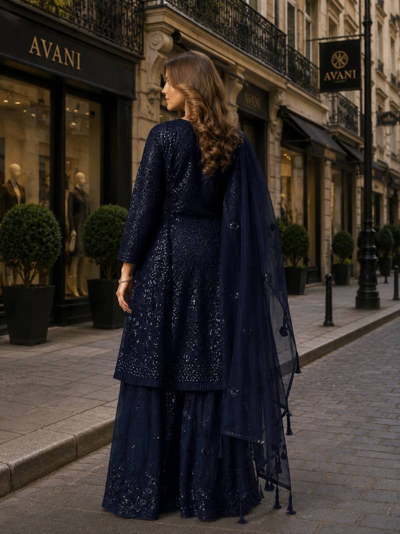 Navy net semi stitched sharara suit with heavy sequince work