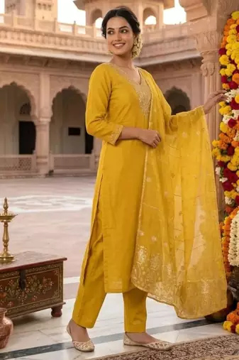 Yellow silk blend embroidered kurta set