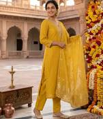 Yellow silk blend embroidered kurta set