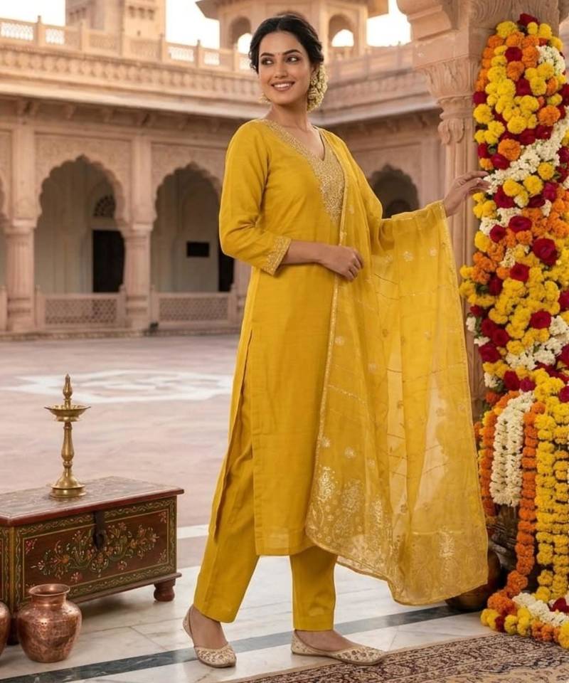 Yellow silk blend embroidered kurta set