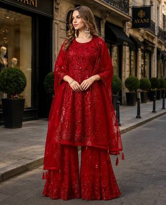 Red net semi stitched sharara suit with heavy sequince work 1
