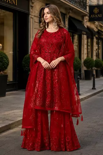 Red net semi stitched sharara suit with heavy sequince work