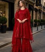 Red net semi stitched sharara suit with heavy sequince work