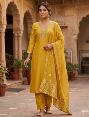 Yellow silk blend embroidered kurta set 2
