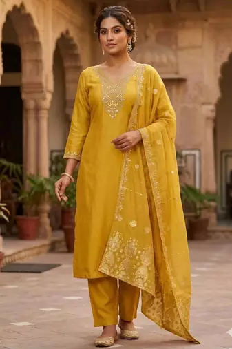 Yellow silk blend embroidered kurta set
