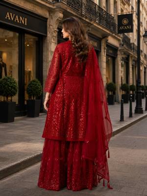 Red net semi stitched sharara suit with heavy sequince work 2