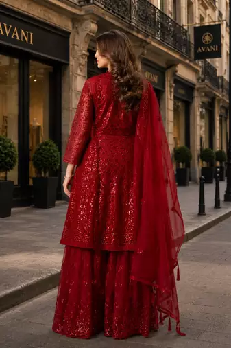 Red net semi stitched sharara suit with heavy sequince work