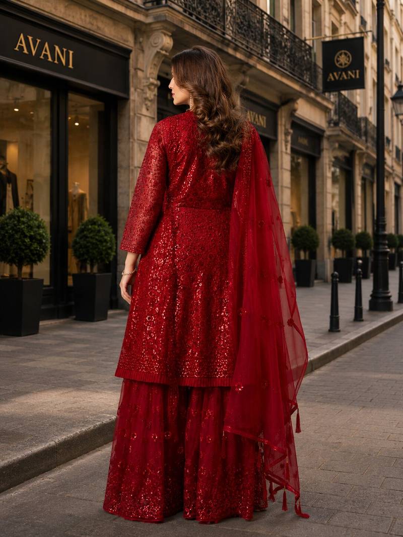 Red net semi stitched sharara suit with heavy sequince work
