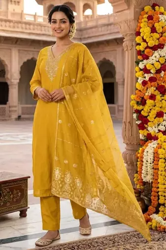 Yellow silk blend embroidered kurta set