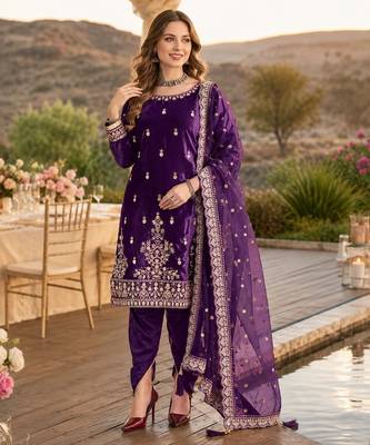 Violet ice velvet semi stitched suit with embroidery work 1