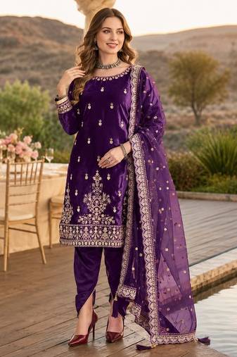 Violet ice velvet semi stitched suit with embroidery work
