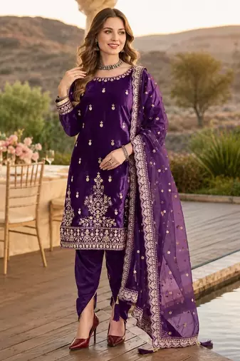 Violet ice velvet semi stitched suit with embroidery work