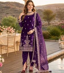 Violet ice velvet semi stitched suit with embroidery work