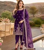 Violet ice velvet semi stitched suit with embroidery work