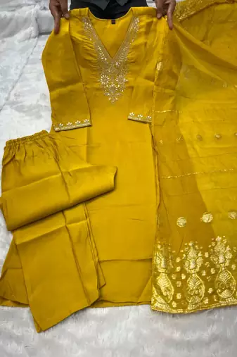 Yellow silk blend embroidered kurta set