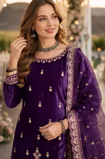 Violet ice velvet semi stitched suit with embroidery work