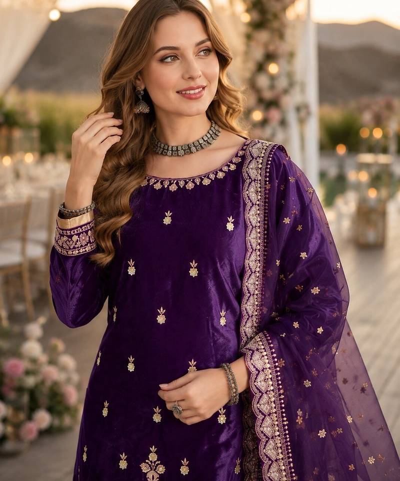 Violet ice velvet semi stitched suit with embroidery work