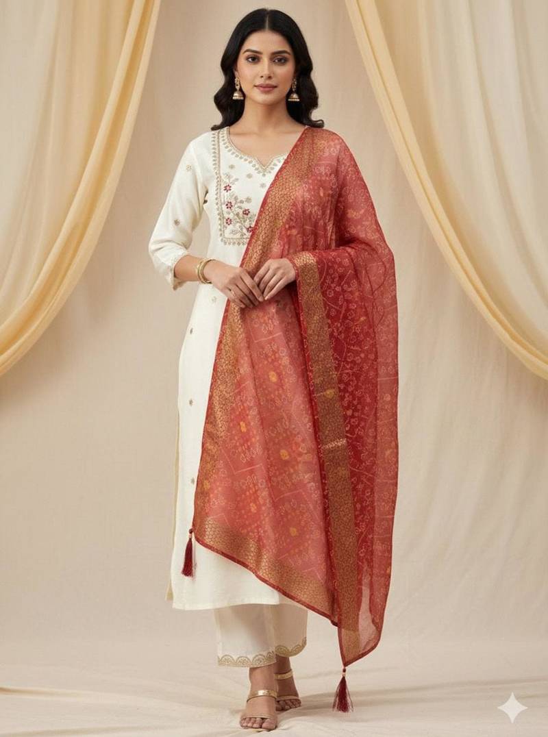 White silk blend embroidered kurta set