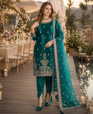 Teal blue ice velvet semi stitched suit with embroidery work 1