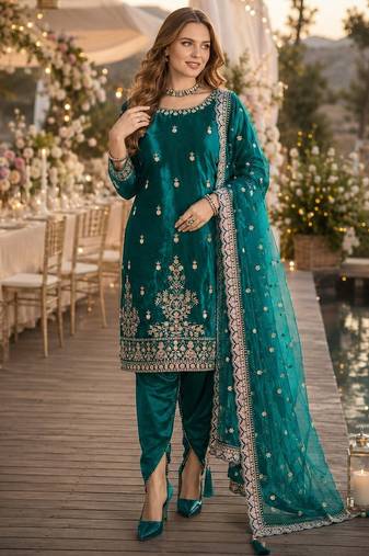 Teal blue ice velvet semi stitched suit with embroidery work