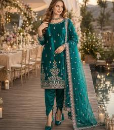 Teal blue ice velvet semi stitched suit with embroidery work