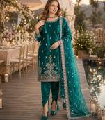 Teal blue ice velvet semi stitched suit with embroidery work