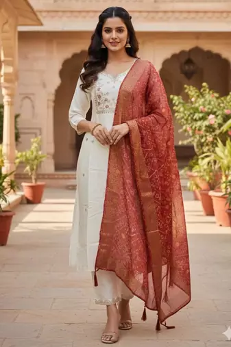 White silk blend embroidered kurta set