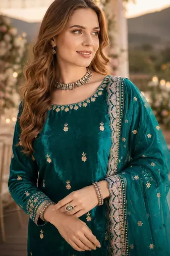 Teal blue ice velvet semi stitched suit with embroidery work