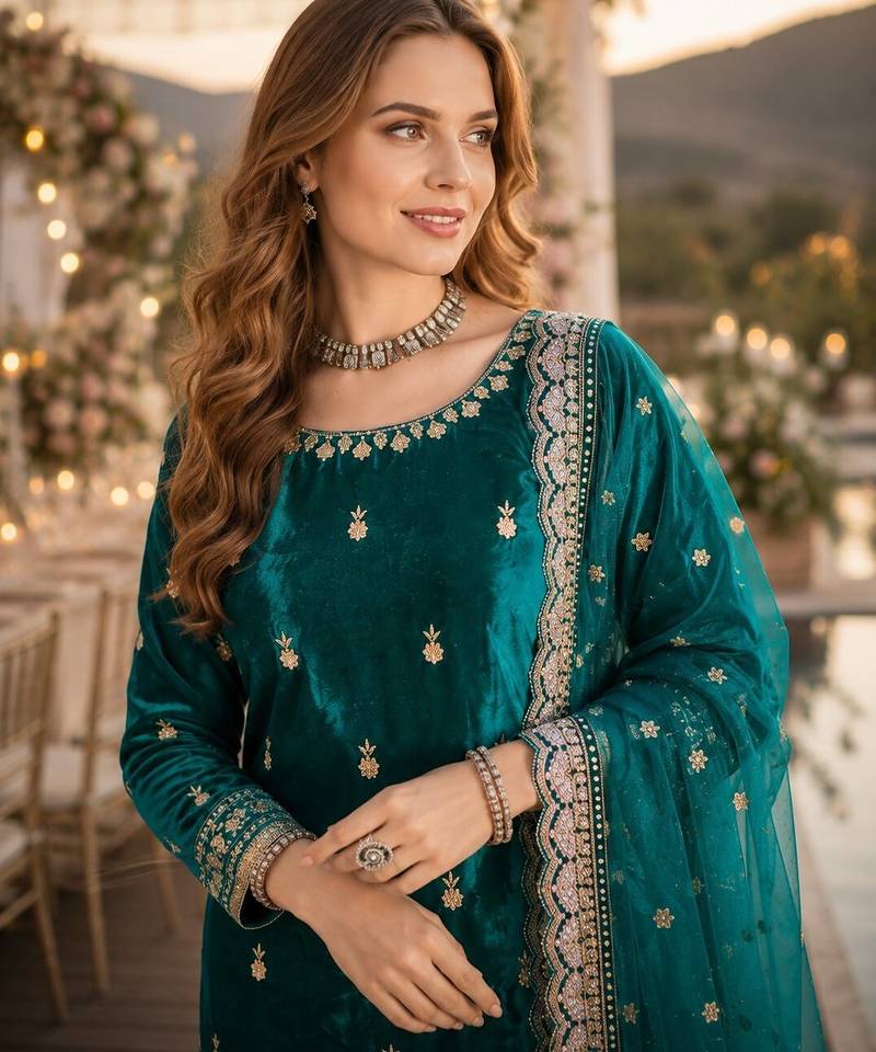 Teal blue ice velvet semi stitched suit with embroidery work