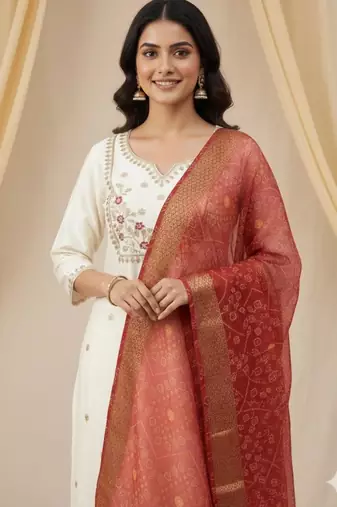 White silk blend embroidered kurta set