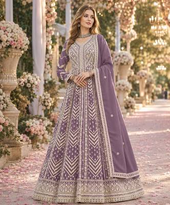 Purple heavy emroidered faux georgette semi stitched anarkali suit with salwar 1