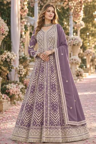 Purple heavy emroidered faux georgette semi stitched anarkali suit with salwar