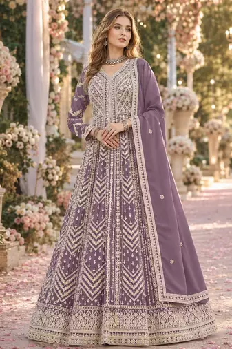 Purple heavy emroidered faux georgette semi stitched anarkali suit with salwar